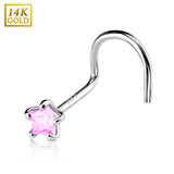 Prong Set Star CZ 14K White Solid Gold Nose Screw Ring