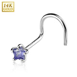 Prong Set Star CZ 14K White Solid Gold Nose Screw Ring