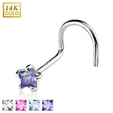 Prong Set Star CZ 14K White Solid Gold Nose Screw Ring