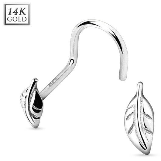 Leaf End 14K White Solid Gold Nose Screw Ring