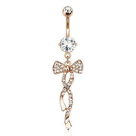 Swirling Ribbon Paved CZ Dangle Rose Gold Navel Belly Button Ring