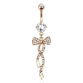 Swirling Ribbon Paved CZ Dangle Rose Gold Navel Belly Button Ring