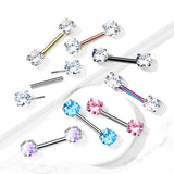Pair Prong Set CZ  Surgical Steel Threadless Push in Nipple Barbells