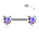 Pair Prong Set Heart CZ  Surgical Steel Threadless Push in Nipple Barbells