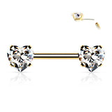Pair Prong Set Heart CZ  Surgical Steel Threadless Push in Nipple Barbells