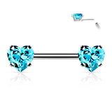 Pair Prong Set Heart CZ  Surgical Steel Threadless Push in Nipple Barbells