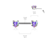 Pair Prong Set Heart CZ  Surgical Steel Threadless Push in Nipple Barbells