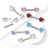 Pair Prong Set Heart CZ  Surgical Steel Threadless Push in Nipple Barbells