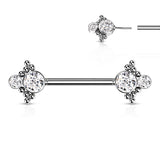 Pair Threadless Push In Nipple Barbell with Beaded Ball Edge and Double CZ