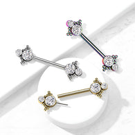 Pair Threadless Push In Nipple Barbell with Beaded Ball Edge and Double CZ