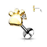 CZ Set Paw Threadless Top Labret Tragus Snug Ear Cartilage Helix Studs