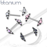 Pair Titanium Threadless Push in Nipple Barbell with CZ Cluster