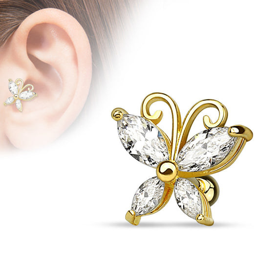 CZ Butterfly 14Kt. Gold Plated Cartilage Tragus Helix Barbell Stud