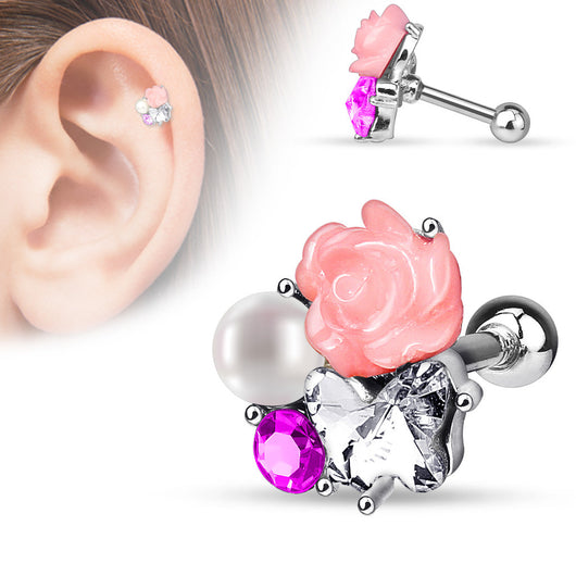 CZ Pearl Flower Surgical Steel Cartilage Helix Tragus Barbell Stud