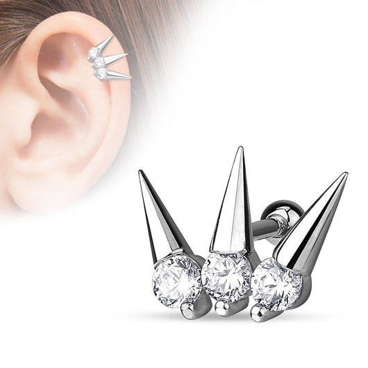 3 CZ Set Spikes Surgical Steel Cartilage Helix Tragus Barbell
