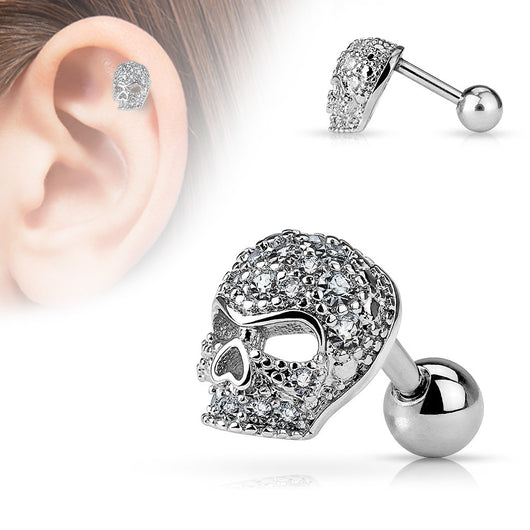 Micro CZ Paved Skull 316L Surgical Steel Cartilage/Tragus Barbells