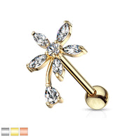 Marquise CZ Flower With Pear CZ Stem Top Ear Cartilage Helix Daith Tragus Barbell Earrings