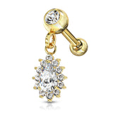 Gold Pear CZ With CZ Surrounding Dangle Jeweled Cartilage Helix Tragus Barbell