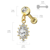Gold Pear CZ With CZ Surrounding Dangle Jeweled Cartilage Helix Tragus Barbell