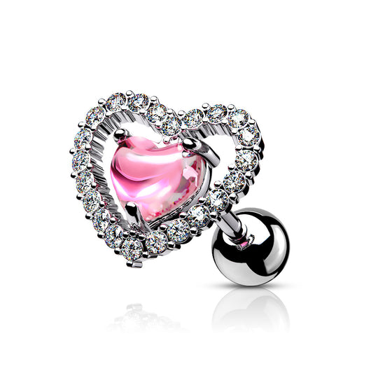 Pink CZ Heart Shaped Ear Cartilage Helix Tragus Barbell Stud