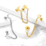 Star And Chain Linked Crescent Moon Ear Cartilage Helix Tragus Barbell Earrings