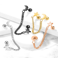 Star And Chain Linked Crescent Moon Ear Cartilage Helix Tragus Barbell Earrings