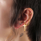 Double Chain Linked CZ Cross Dangle  Ear Cartilage Helix Tragus Barbell Earrings