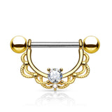 Pair of CZ Filigree 14K Gold Plated on Surgical Steel Nipple Rings