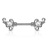 Pair of CZ Set Floral Filigree Surgical Steel Barbell Nipple Rings