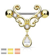Pair of CZ Heart Filigree Tear Drop Dangle Surgical Steel Nipple Rings