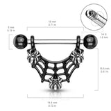 Pair of 3 Spiders On Black IP Spider Web Surgical Steel Barbell Nipple Rings