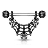 Pair of 3 Spiders On Black IP Spider Web Surgical Steel Barbell Nipple Rings