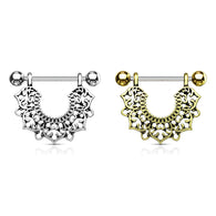 Pair of Filigree Flower Dangle Surgical Steel Barbell Nipple Rings