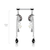 Pair Of CZ Antique Silver Plated Moon Star Beads Chain Nipple Barbells Rings