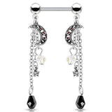 Pair Of CZ Antique Silver Plated Moon Star Beads Chain Nipple Barbells Rings