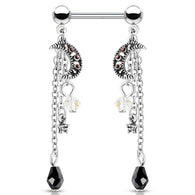 Pair Of CZ Antique Silver Plated Moon Star Beads Chain Nipple Barbells Rings
