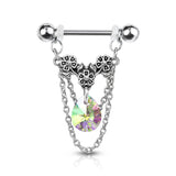 Pair Crystal Center Flower With Pear Crystal Dangle Barbell Nipple Rings