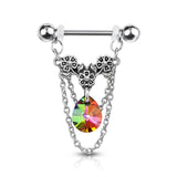 Pair Crystal Center Flower With Pear Crystal Dangle Barbell Nipple Rings