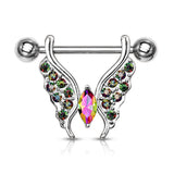 Pair Marquise Crystal Center CZ Paved Butterfly Barbell Nipple Rings