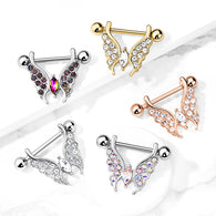 Pair Marquise Crystal Center CZ Paved Butterfly Barbell Nipple Rings