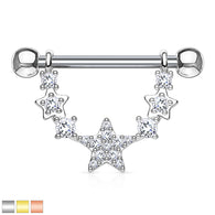 Pair of CZ Star Linked Surgical Steel Barbell Nipple Rings