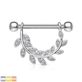 Pair of CZ Leaf Surgical Steel Barbell Nipple Rings