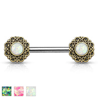 Pair of Opal Tribal Heart Filigree Surgical Steel Nipple Barbells