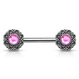 Pair of Crystal Tribal Heart Filigree Surgical Steel Nipple Barbells