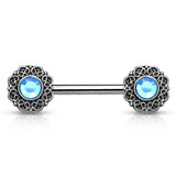 Pair of Crystal Tribal Heart Filigree Surgical Steel Nipple Barbells