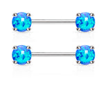 Pair of Opal Prong Front Facing End Barbell Nipple Rings