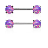 Pair of Opal Prong Front Facing End Barbell Nipple Rings