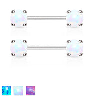 Pair of Opal Prong Front Facing End Barbell Nipple Rings