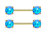 Pair of Opal Prong Front Facing 14KT Gold Plated Barbell Nipple Rings