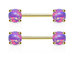 Pair of Opal Prong Front Facing 14KT Gold Plated Barbell Nipple Rings